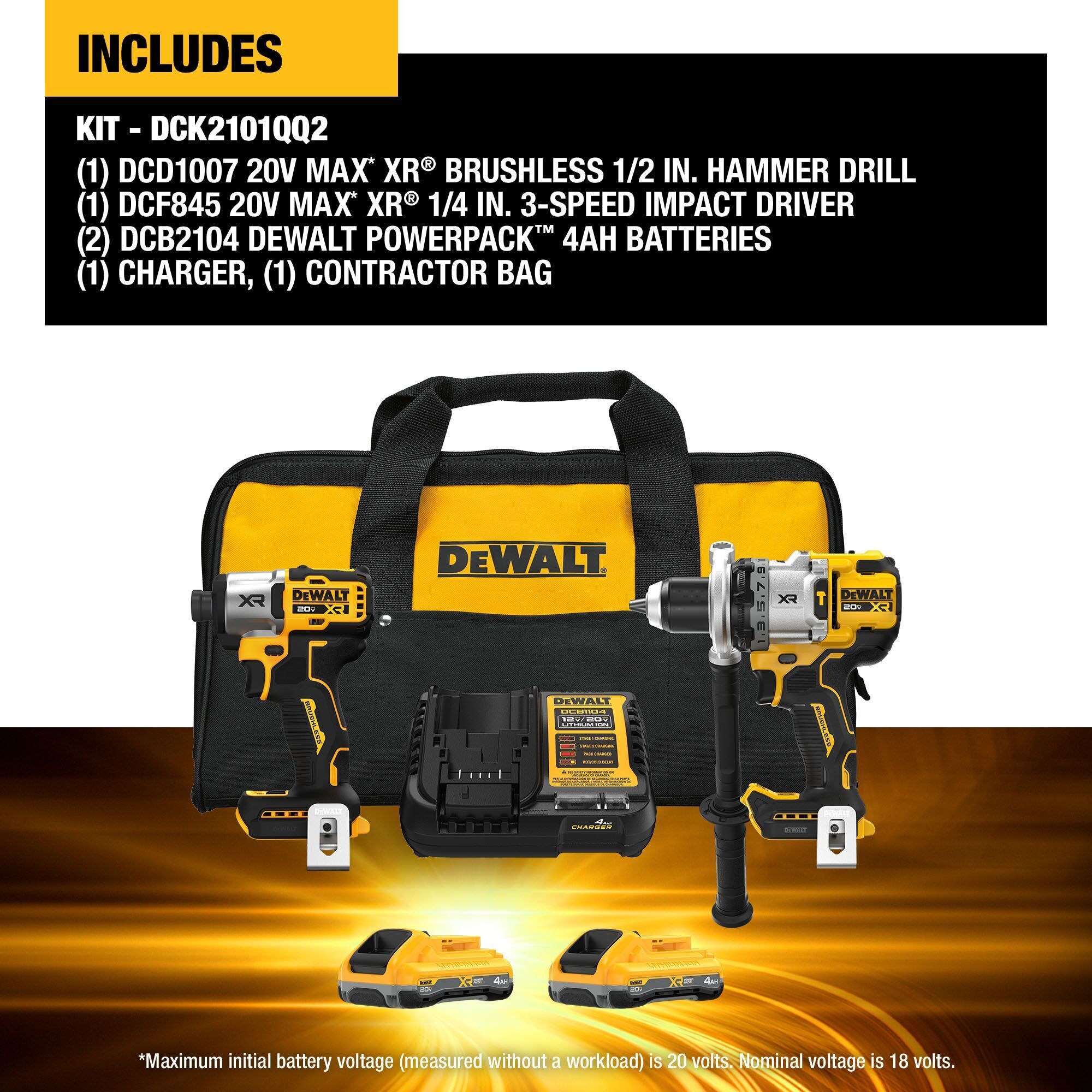 DEWALT 20V MAX XR 2-Tool Combo Kit, Hammer Drill and Impact Driver, 2 POWERPACK Batteries, Model# DCK2101QQ2